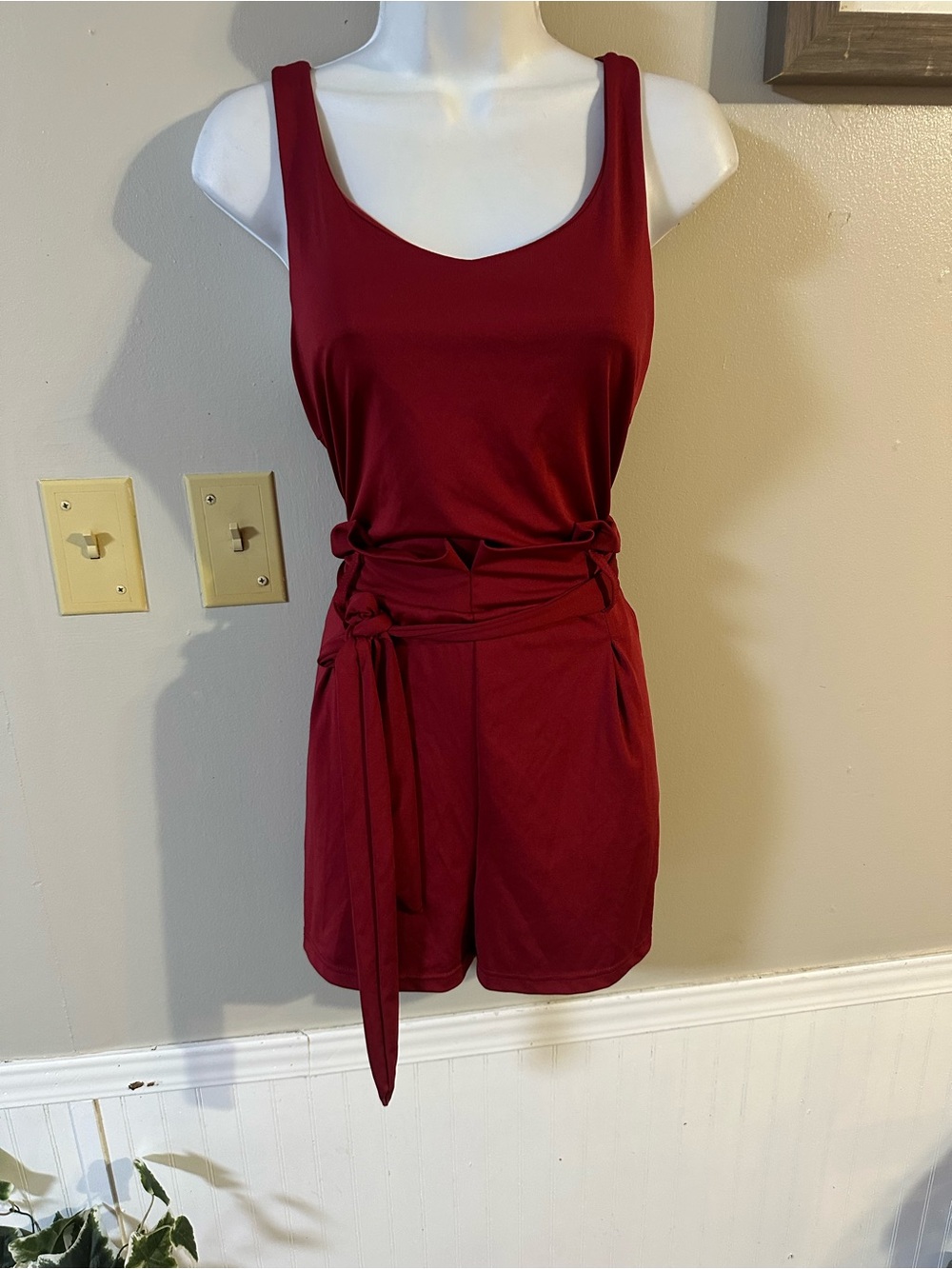 Sleeveless Tie-Waist Romper in Burgundy